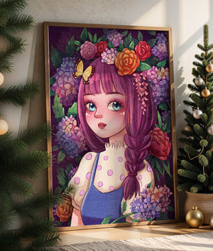 Illustration of a girl with floral crown surrounded by vibrant flowers