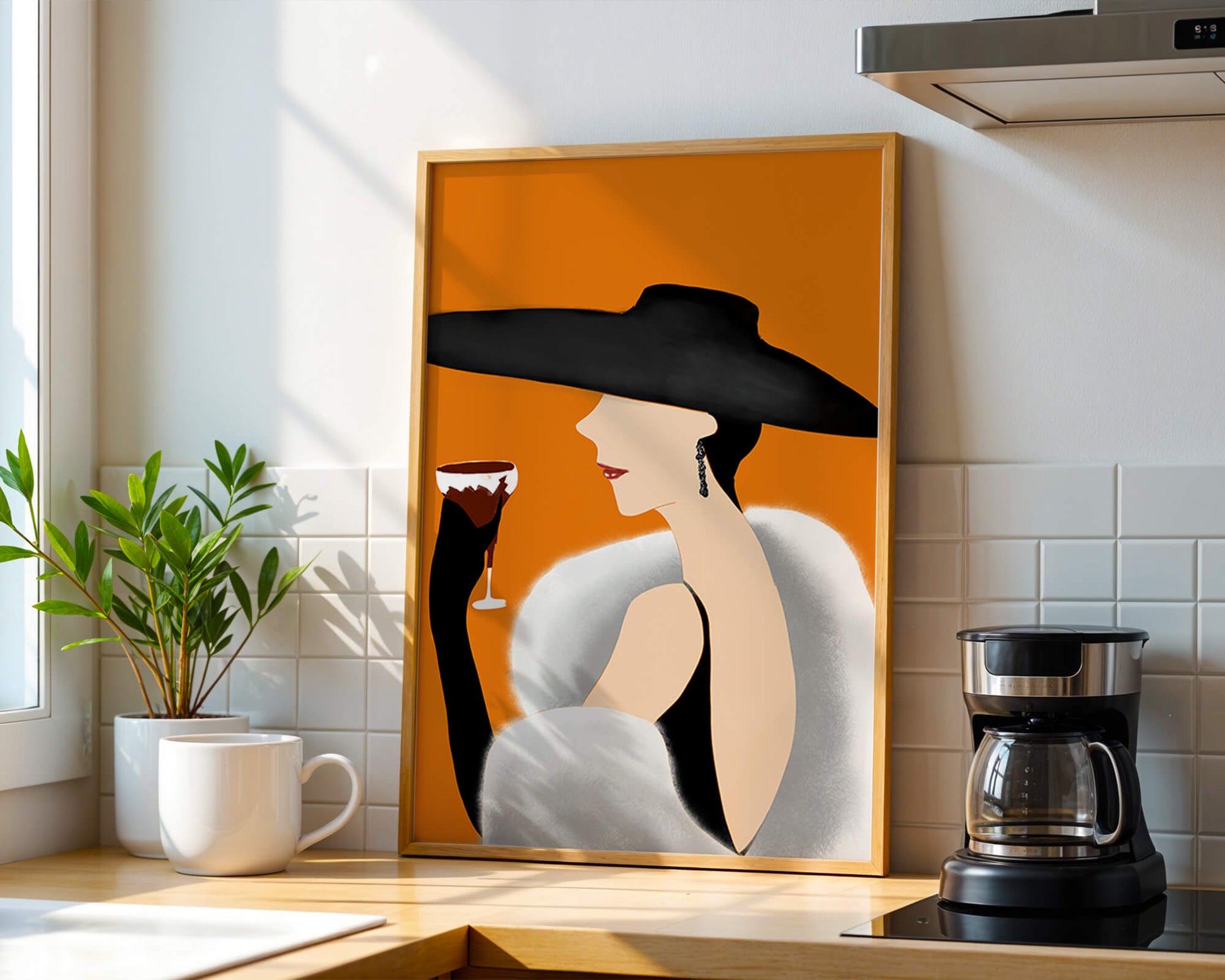 Elegant Woman in Black Hat and White Fur with Wine Glass
