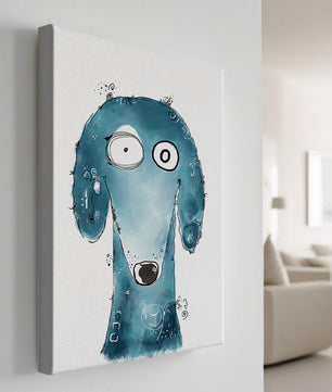 Illustration fantaisiste d’un chien bleu aux traits expressifs