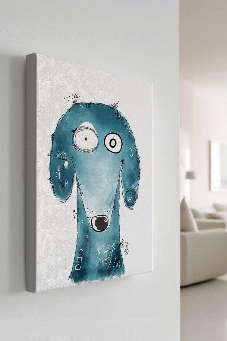 Whimsical blue dog illustration with expressive features