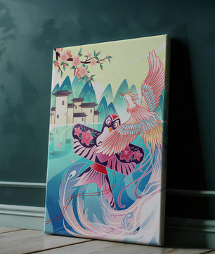 Illustration colorée d’oiseaux et de fleurs avec une architecture orientale