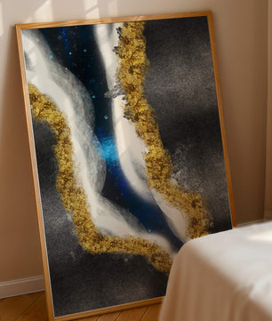 Abstract flowing design with gold, blue, and white textures