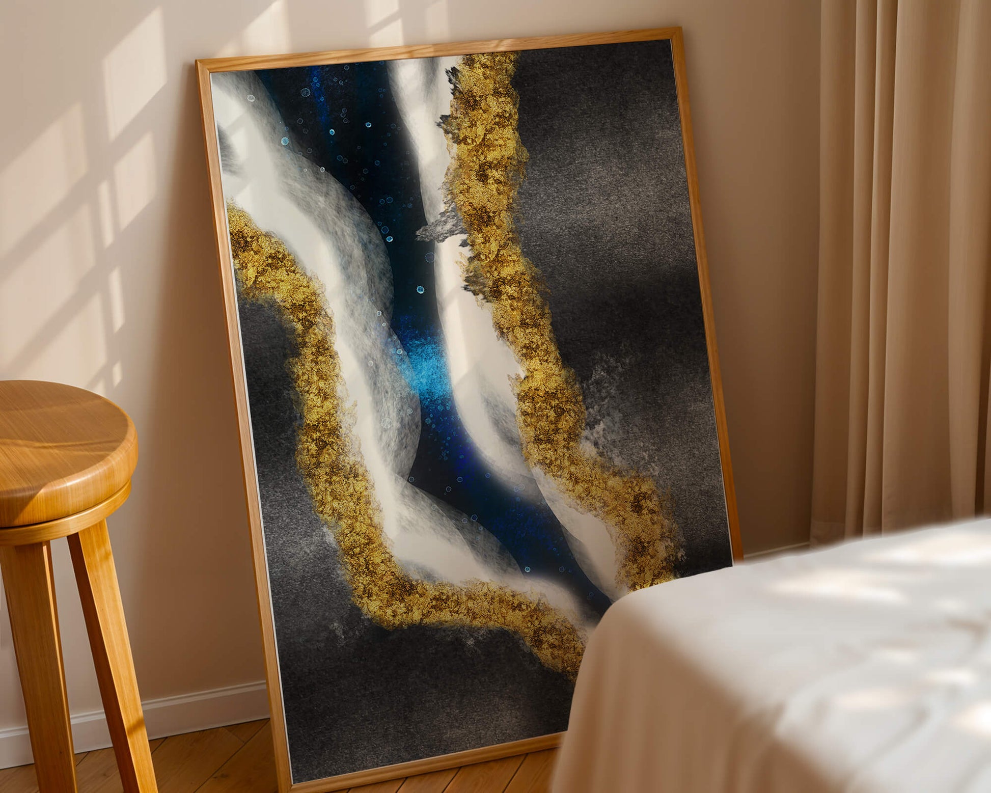 Abstract flowing design with gold, blue, and white textures