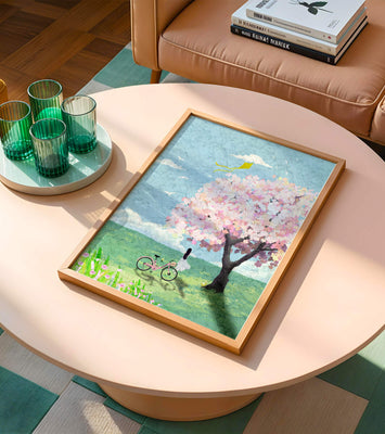 Springtime scene with cherry blossom and girl with bicycle