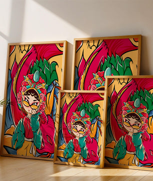 Vibrant illustration featuring a character in traditional costume with dragon elements