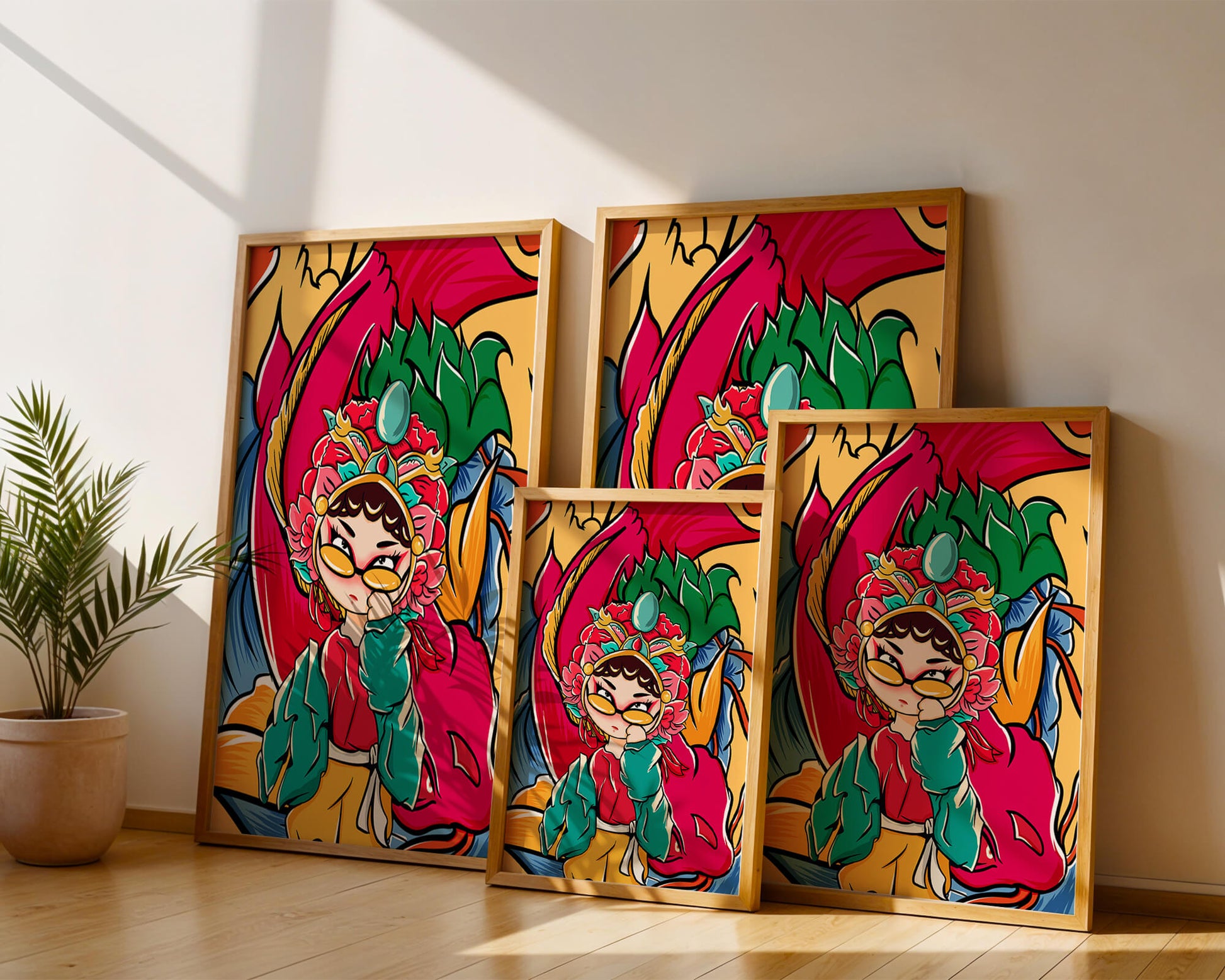 Vibrant illustration featuring a character in traditional costume with dragon elements