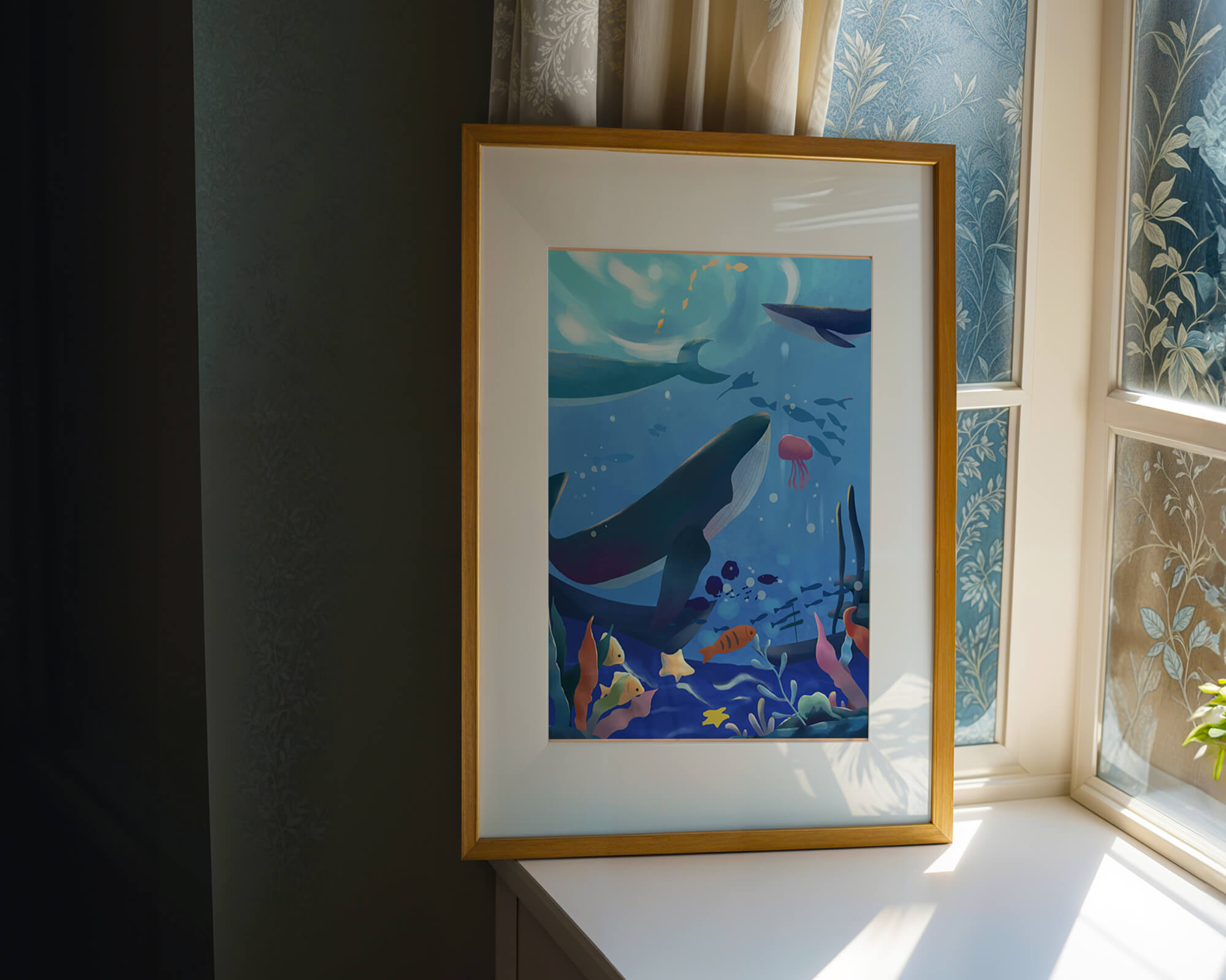 Underwater scene with whales, fish, and coral reef