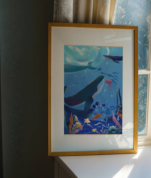 Escena submarina con ballenas, peces y arrecife de coral