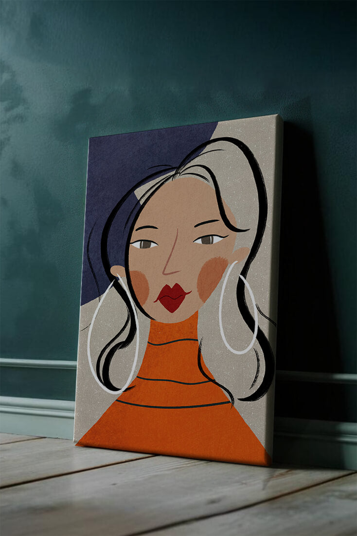 Colorful abstract portrait featuring a woman with red lips and hoop earrings on textured background - Mi tienda