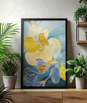 Abstract Floral Art with Golden Accents on Blue Background