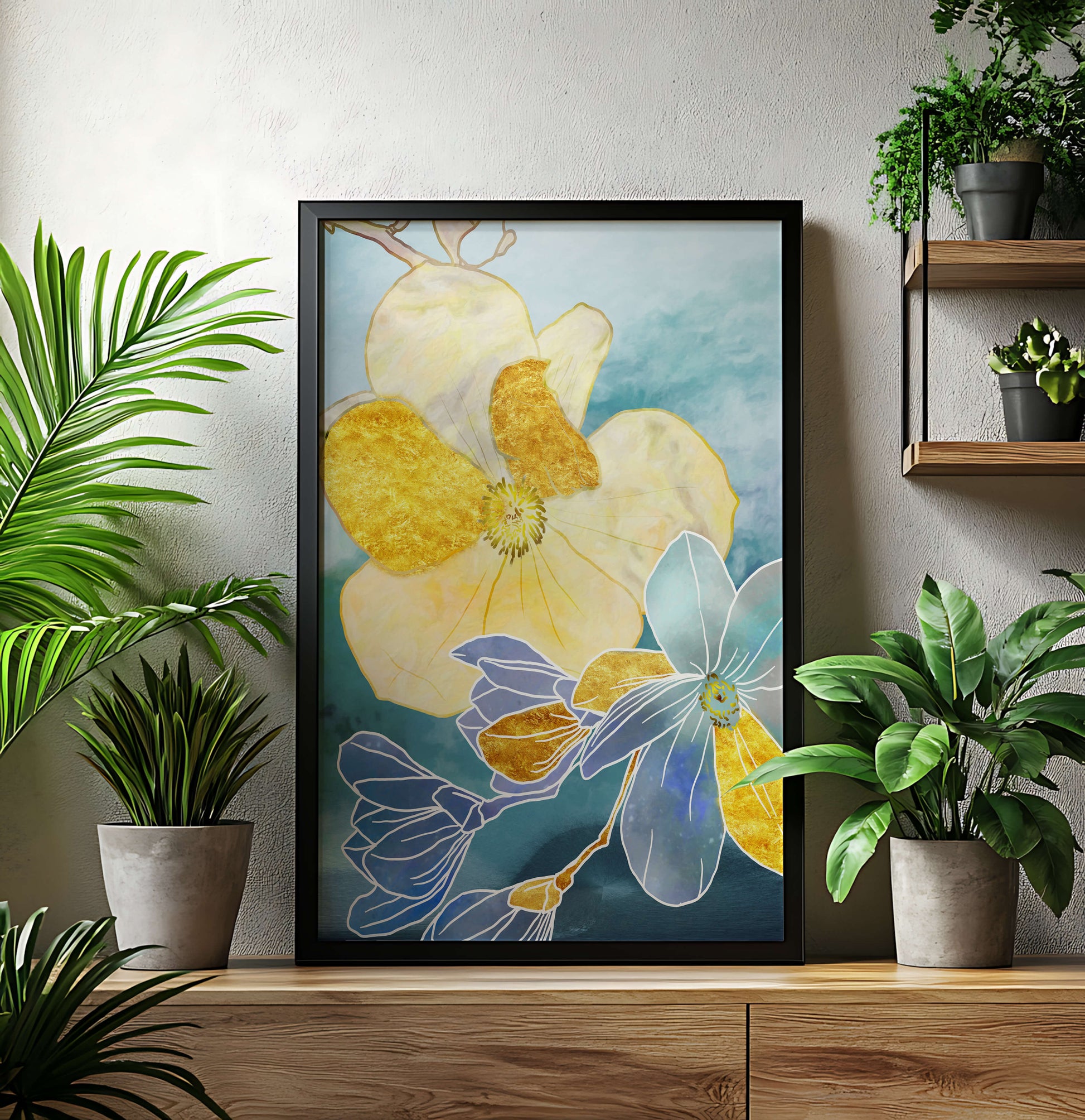 Arte floral abstracto con acentos dorados sobre fondo azul