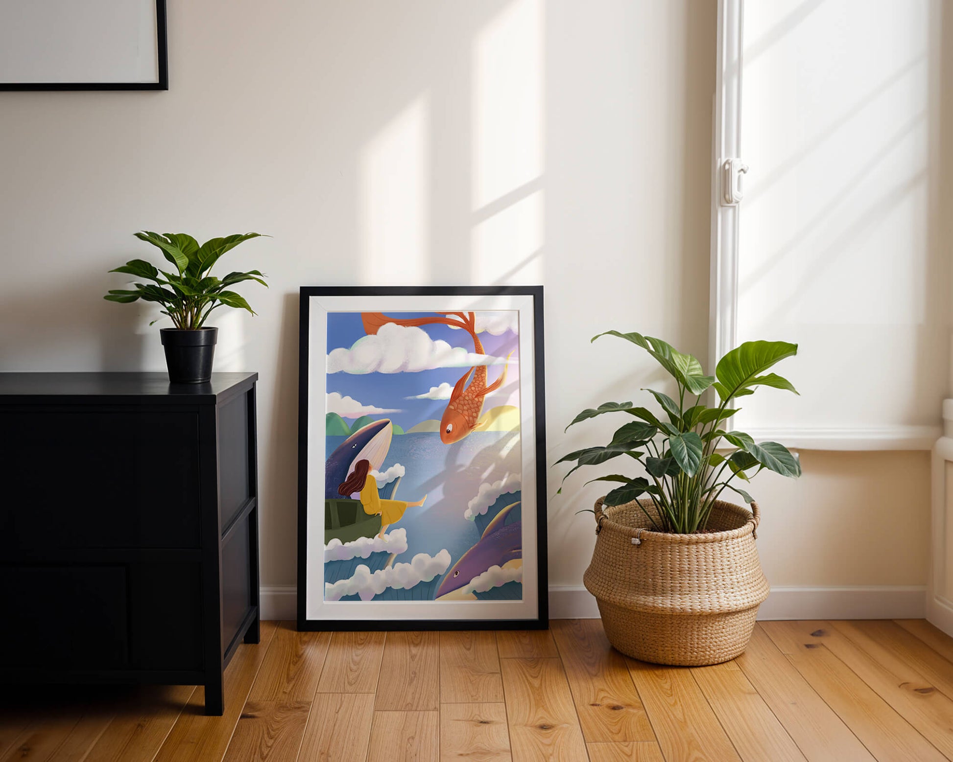 Dreamlike scene with marine life and floating figure in the sky