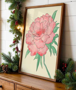 Delicate Pink Peony with Green Leaves Illustration