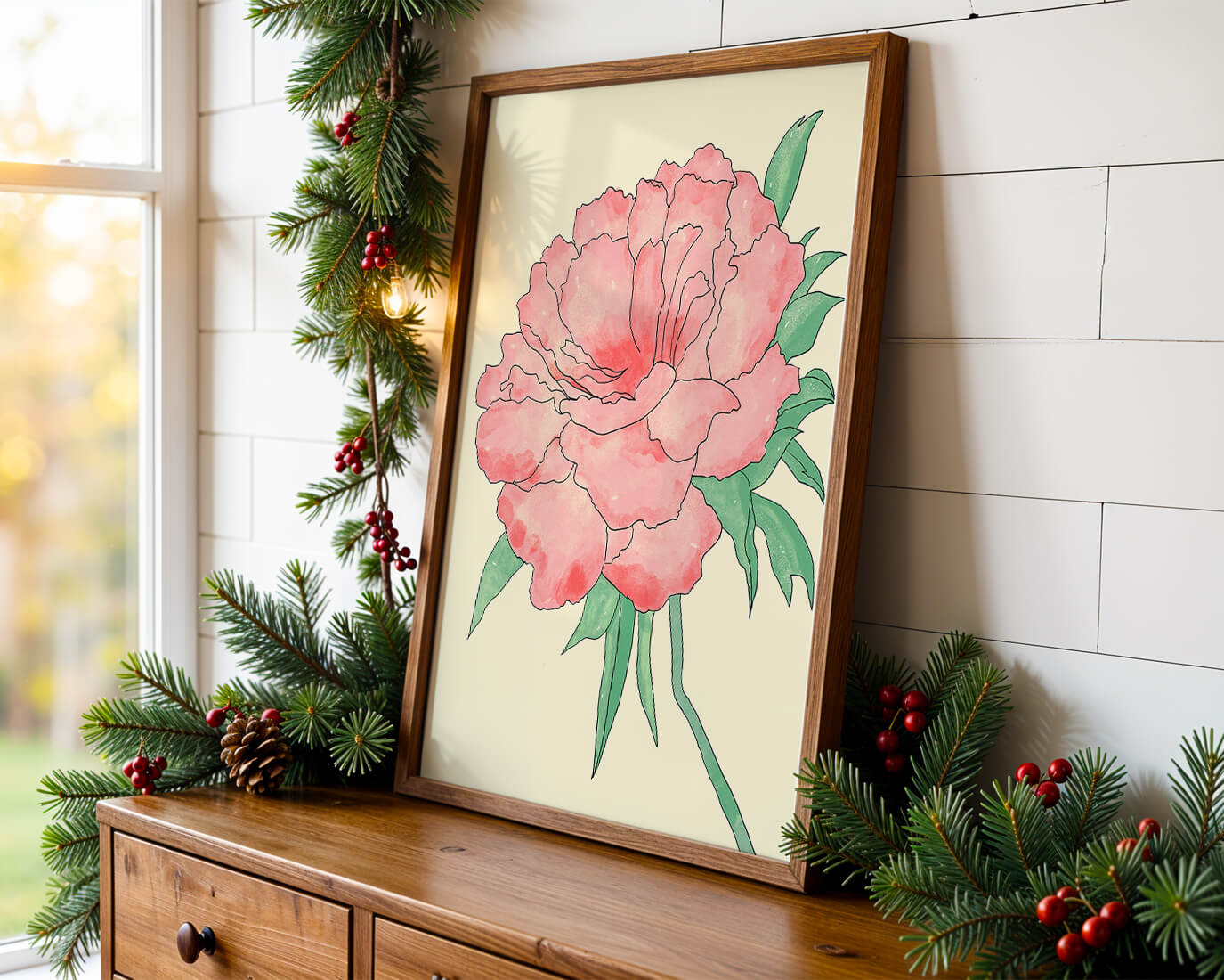 Delicate Pink Peony with Green Leaves Illustration