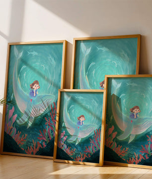 Underwater scene with child and whale surrounded by marine life