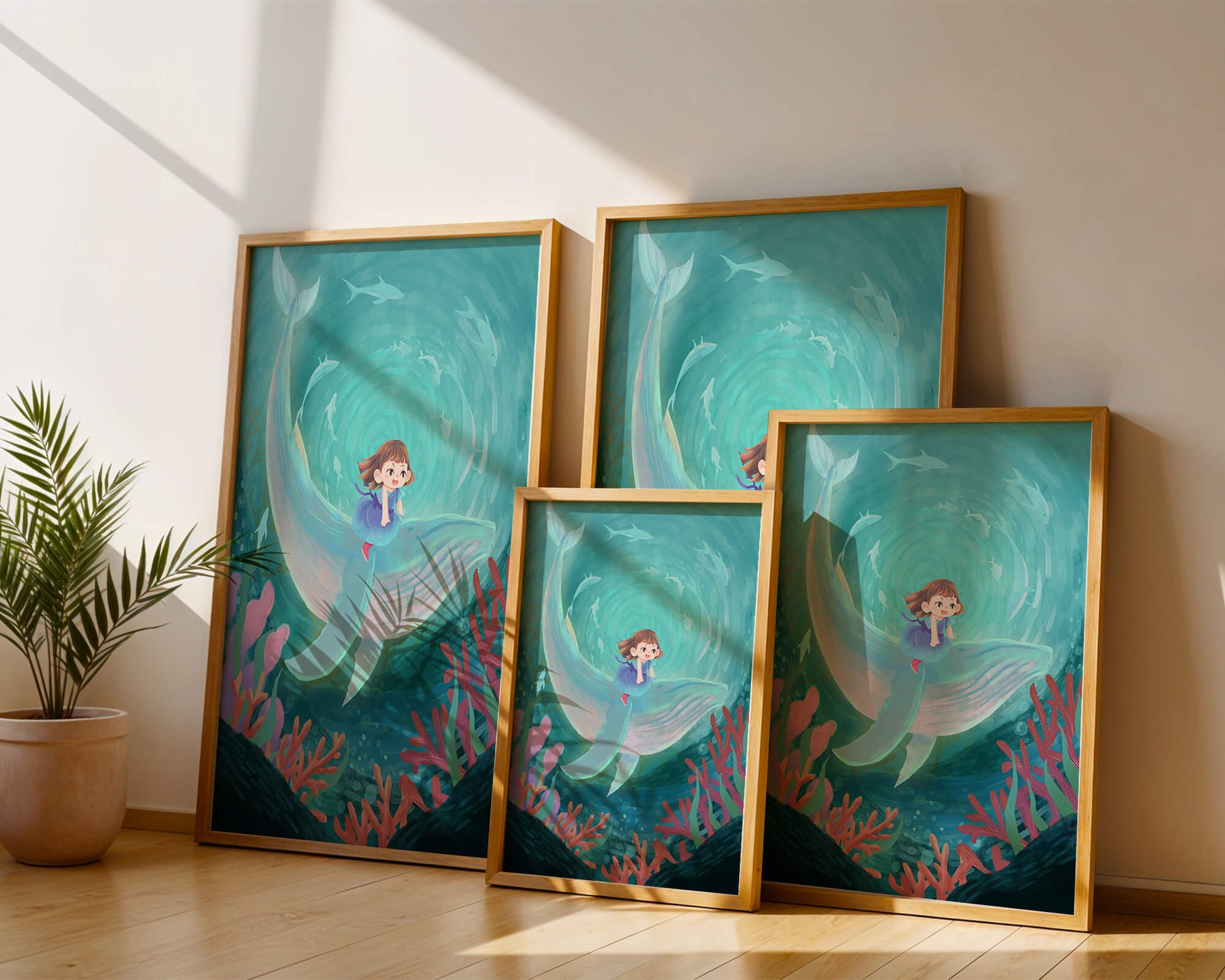 Underwater scene with child and whale surrounded by marine life