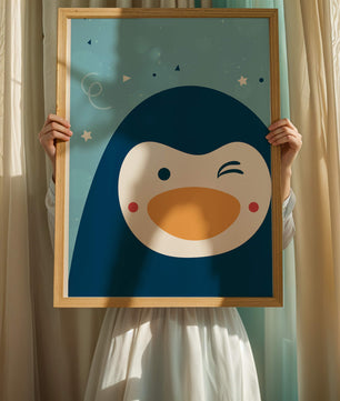 Pingüino animado juguetón sobre un fondo azul caprichoso