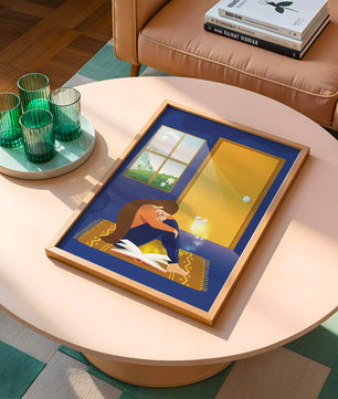 Woman sitting with an open magical book and a fairy in a room