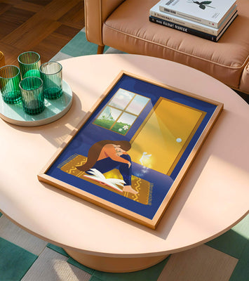 Woman sitting with an open magical book and a fairy in a room