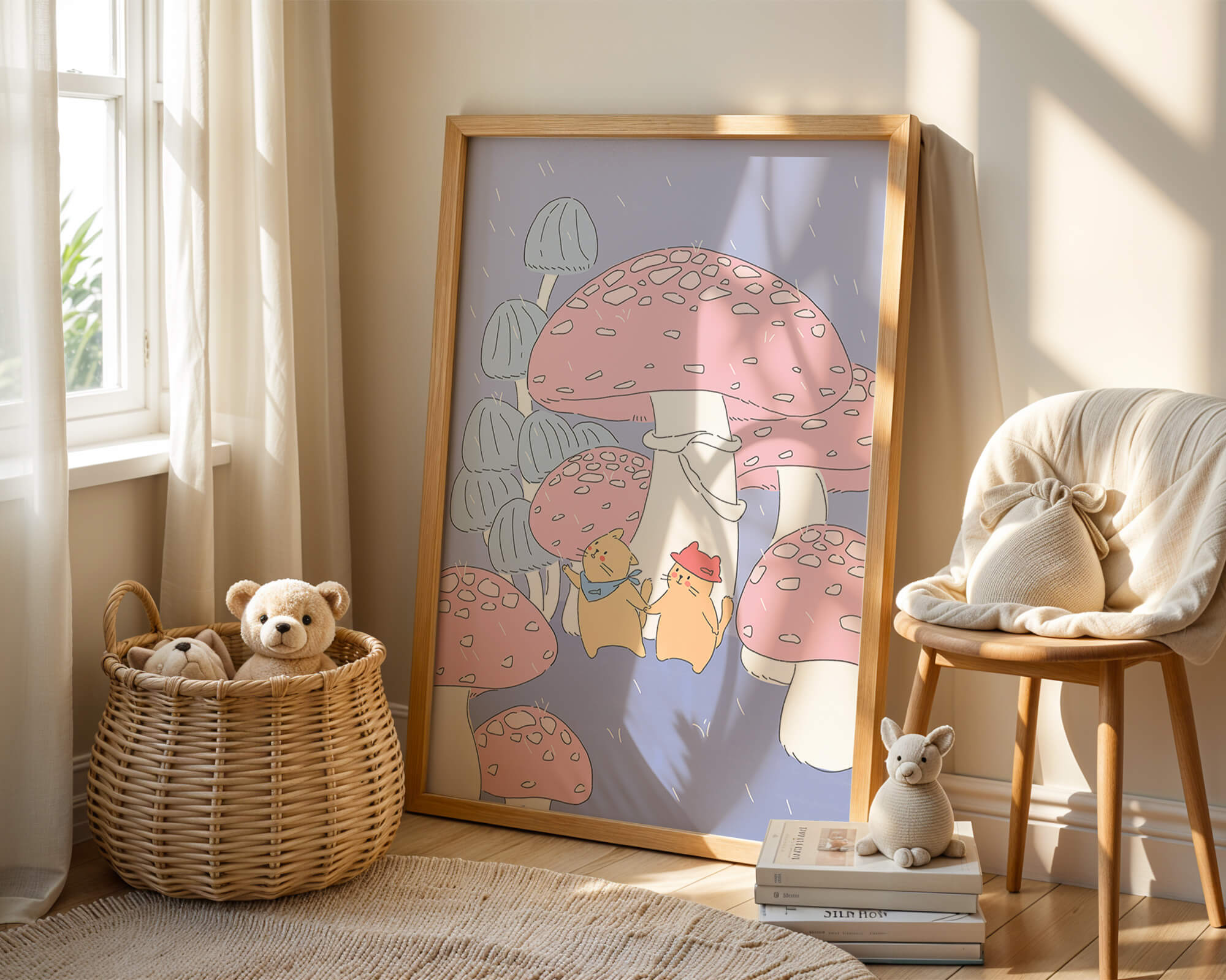 Charming illustration of cats among whimsical mushrooms