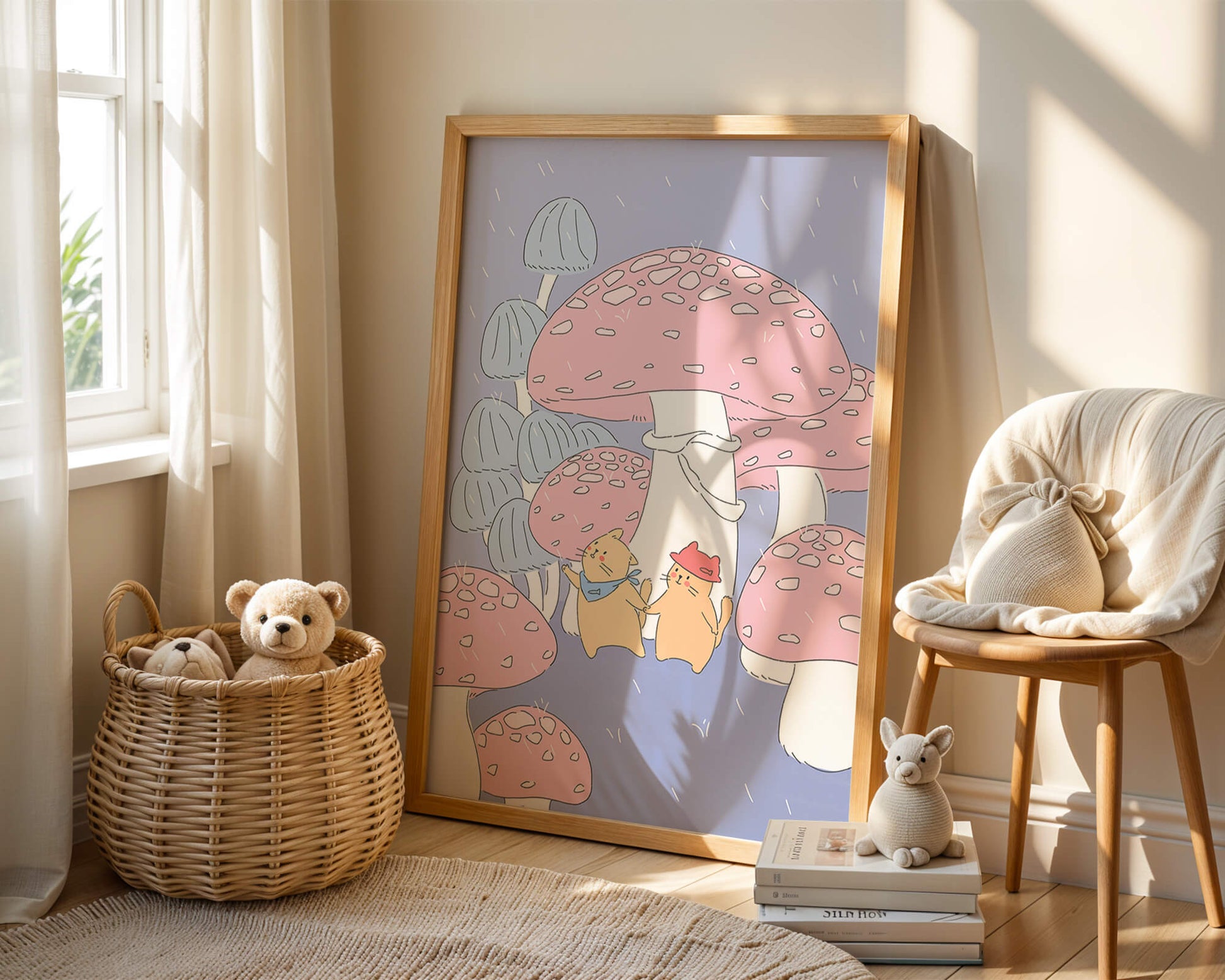 Charming illustration of cats among whimsical mushrooms