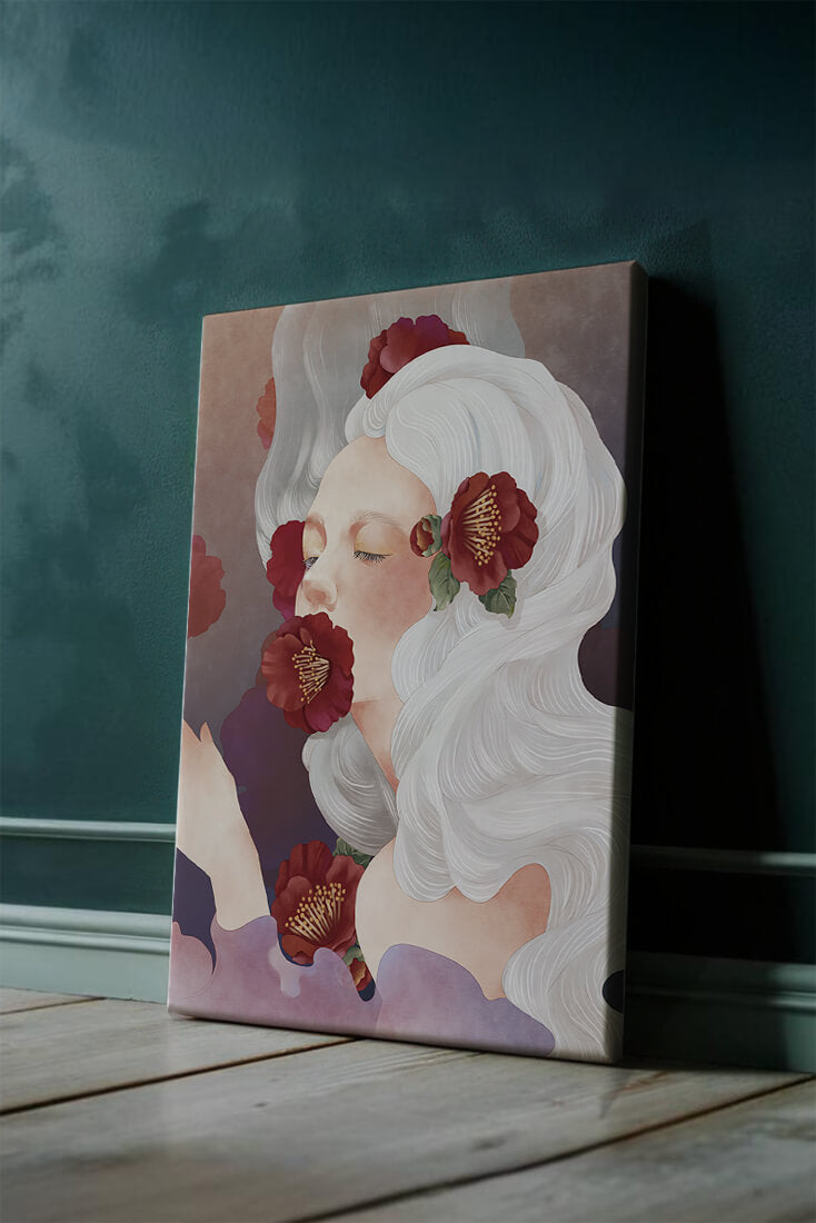 Dreamy Portrait of a Woman with White Hair and Red Flowers