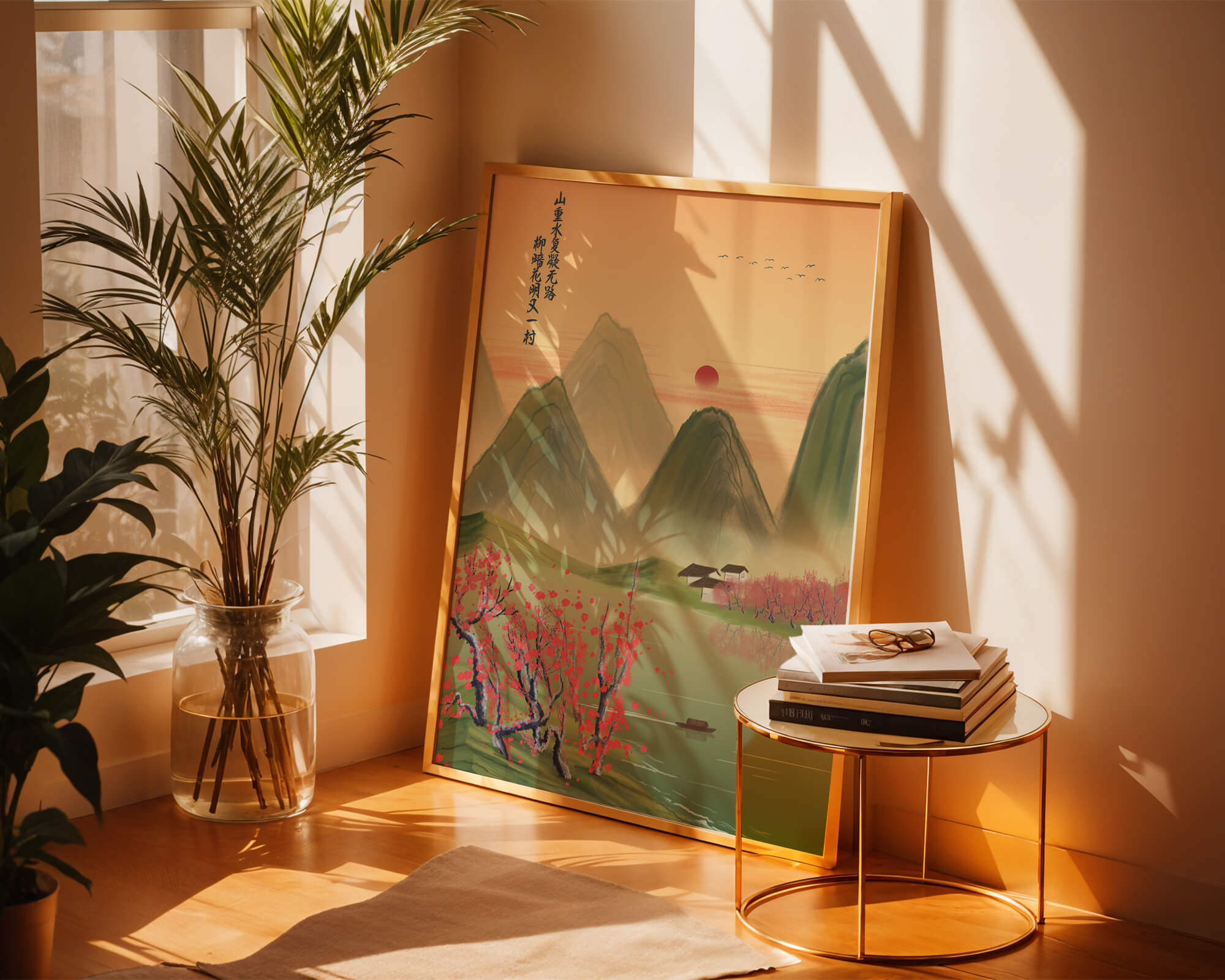 Serene landscape illustration with mountains and cherry blossoms