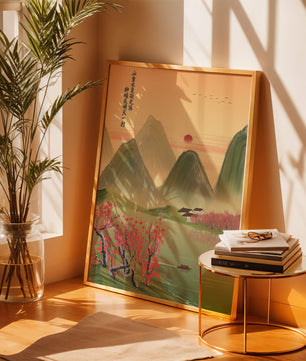 Serene landscape illustration with mountains and cherry blossoms