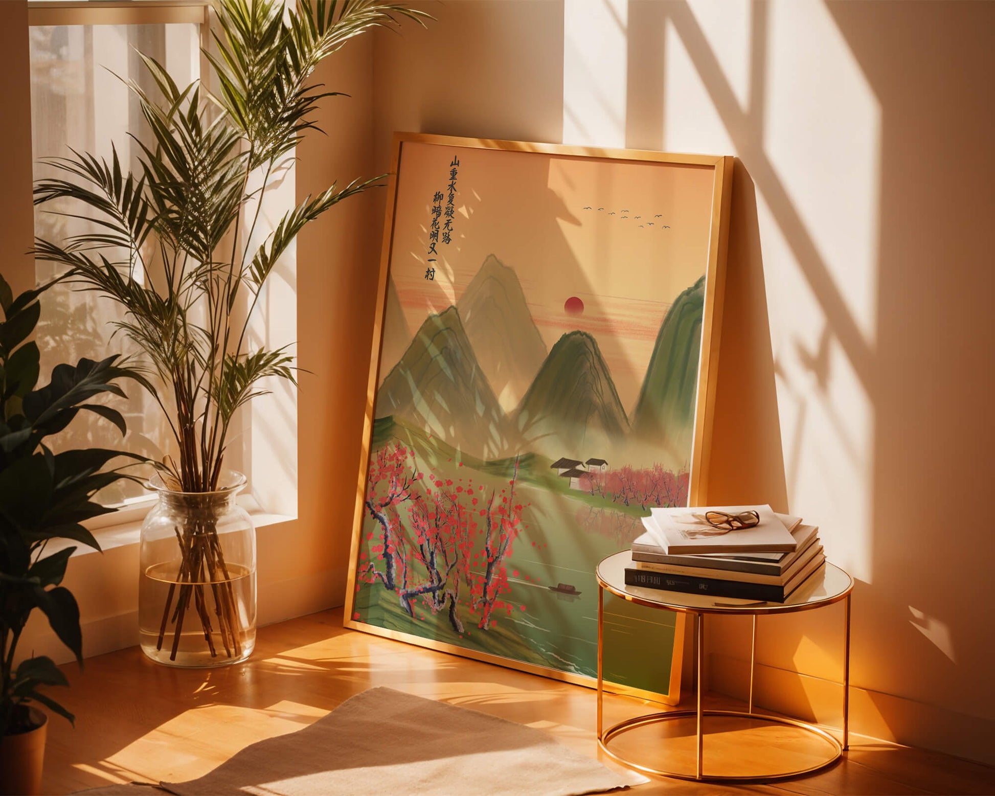 Serene landscape illustration with mountains and cherry blossoms
