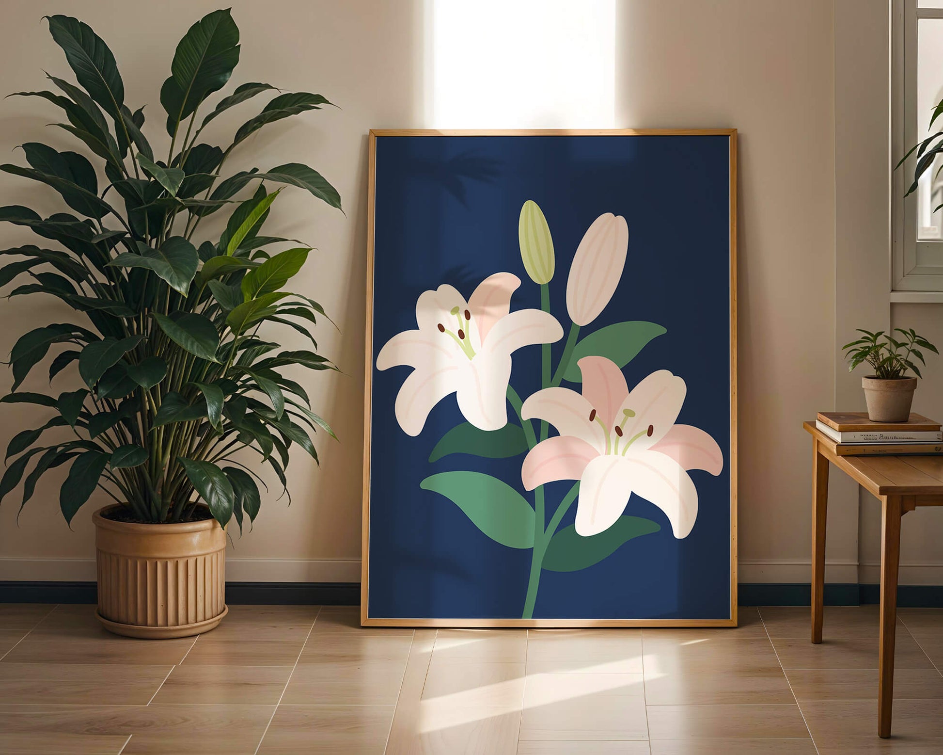 Lirios elegantes sobre un fondo azul oscuro