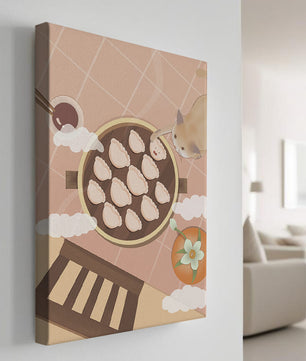 Gato alcanzando dumplings en una mesa con azulejos rosas y naranjas con palillos