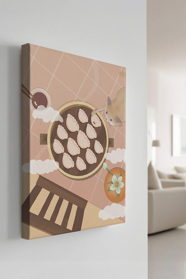 Gato alcanzando dumplings en una mesa con azulejos rosas y naranjas con palillos