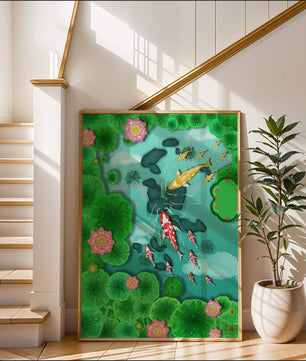 Étang à carpes koï vibrant avec des fleurs de lotus et des nénuphars verts
