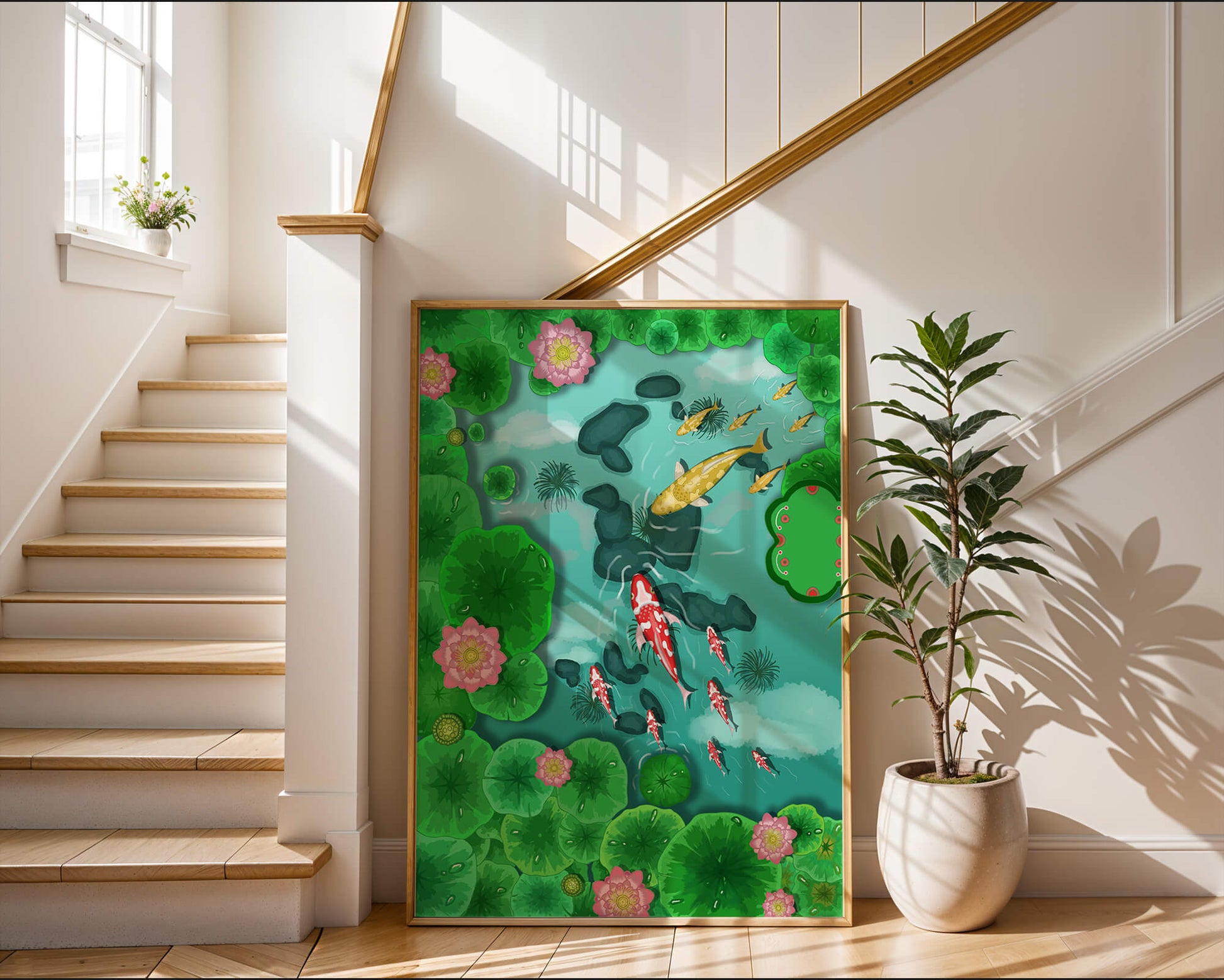 Étang à carpes koï vibrant avec des fleurs de lotus et des nénuphars verts