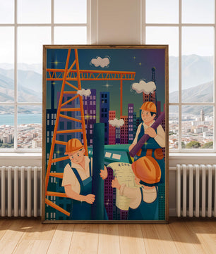 Illustrated construction workers on a high-rise building site