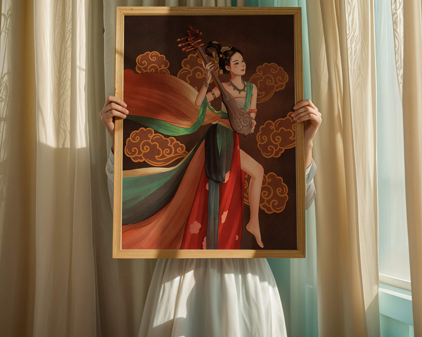 Elegant depiction of a woman playing a traditional string instrument with flowing garments and ornate background