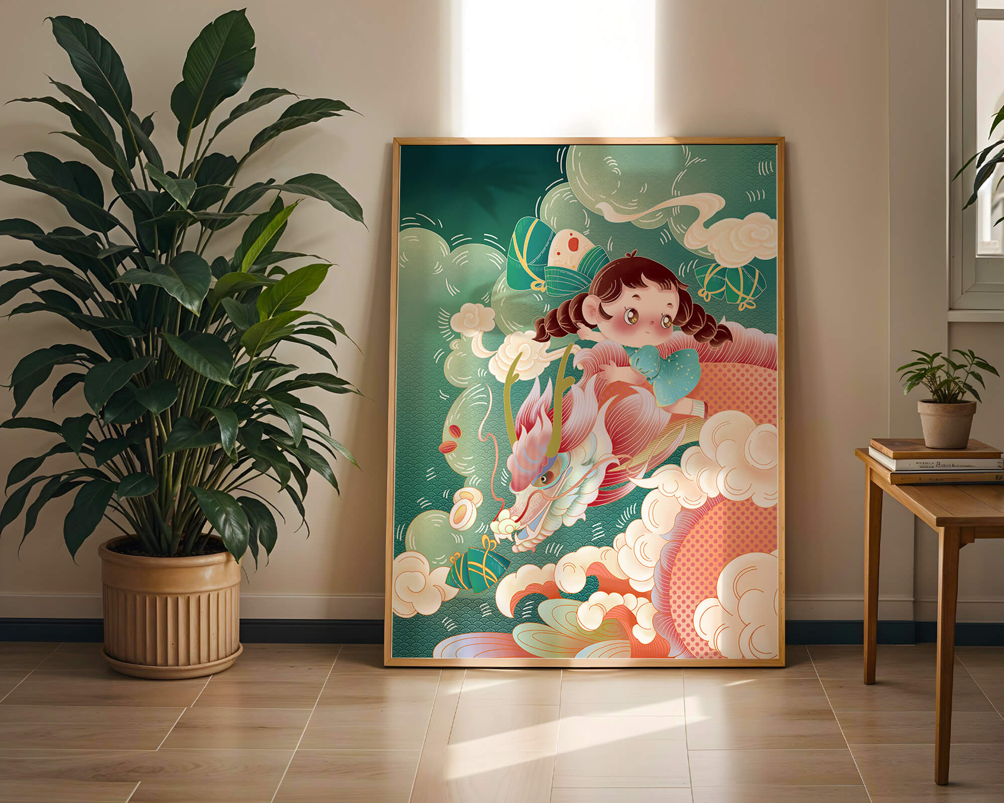 Whimsical scene of a girl riding a dragon through clouds