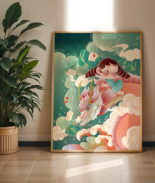 Whimsical scene of a girl riding a dragon through clouds