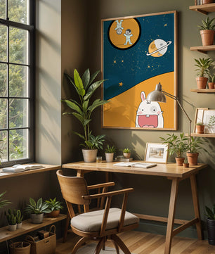 Playful Cartoon of Astronauts and Rabbit with Planet and Stars - Mi tienda
