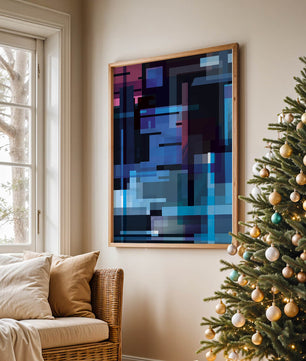 Arte digital geométrico abstracto con tonos azules y morados