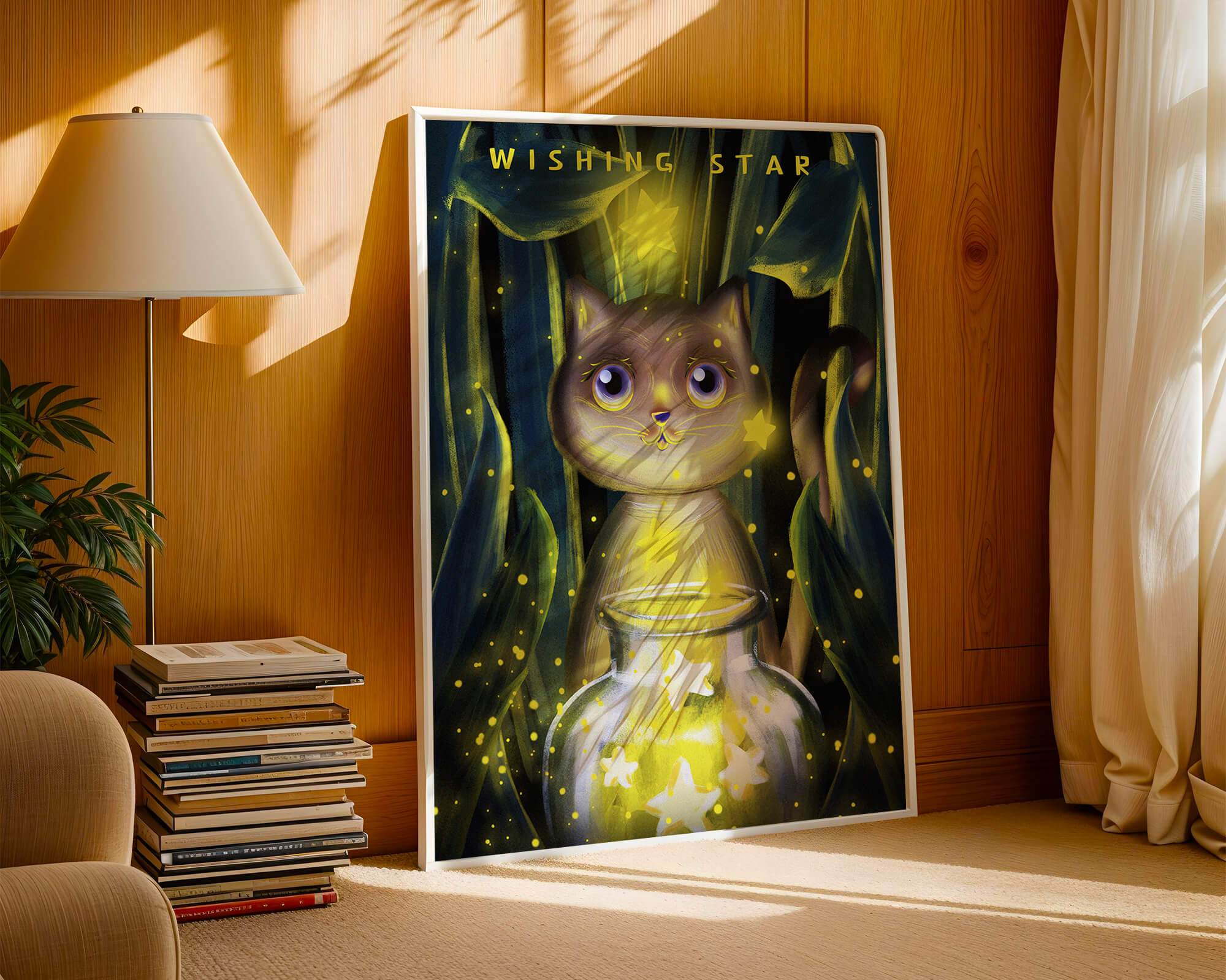 Cat under starry night in a magical forest setting