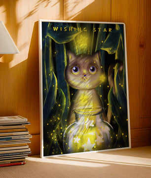 Cat under starry night in a magical forest setting