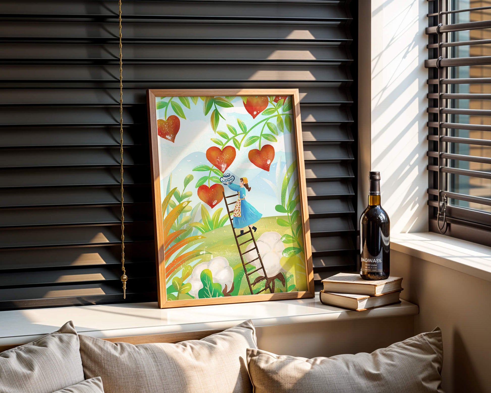 Mujer recolectando frutas en forma de corazón en el vibrante campo