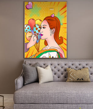 Retrato de mujer en arte pop colorido con globos y patrones vibrantes