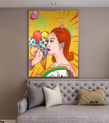 Colorful pop art woman portrait with balloons and vibrant patterns
