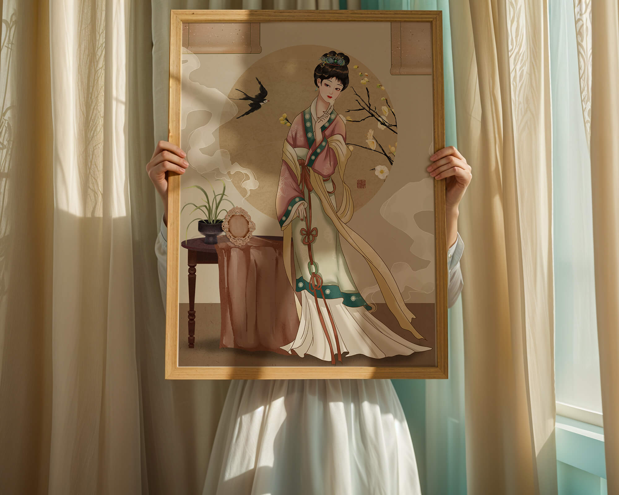 Elegant traditional Asian lady in classic attire with nature elements