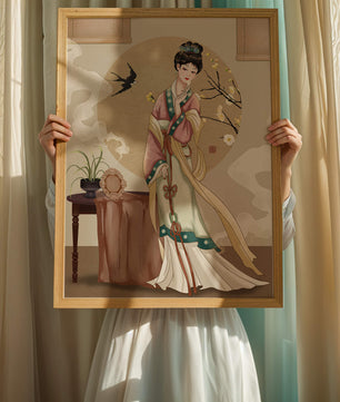 Elegante traditionelle asiatische Dame in klassischer Kleidung mit Naturelementen