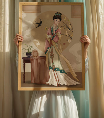 Elegant traditional Asian lady in classic attire with nature elements