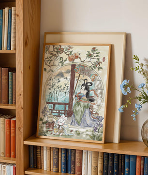 Peaceful Garden Scene with Girl and Rabbit