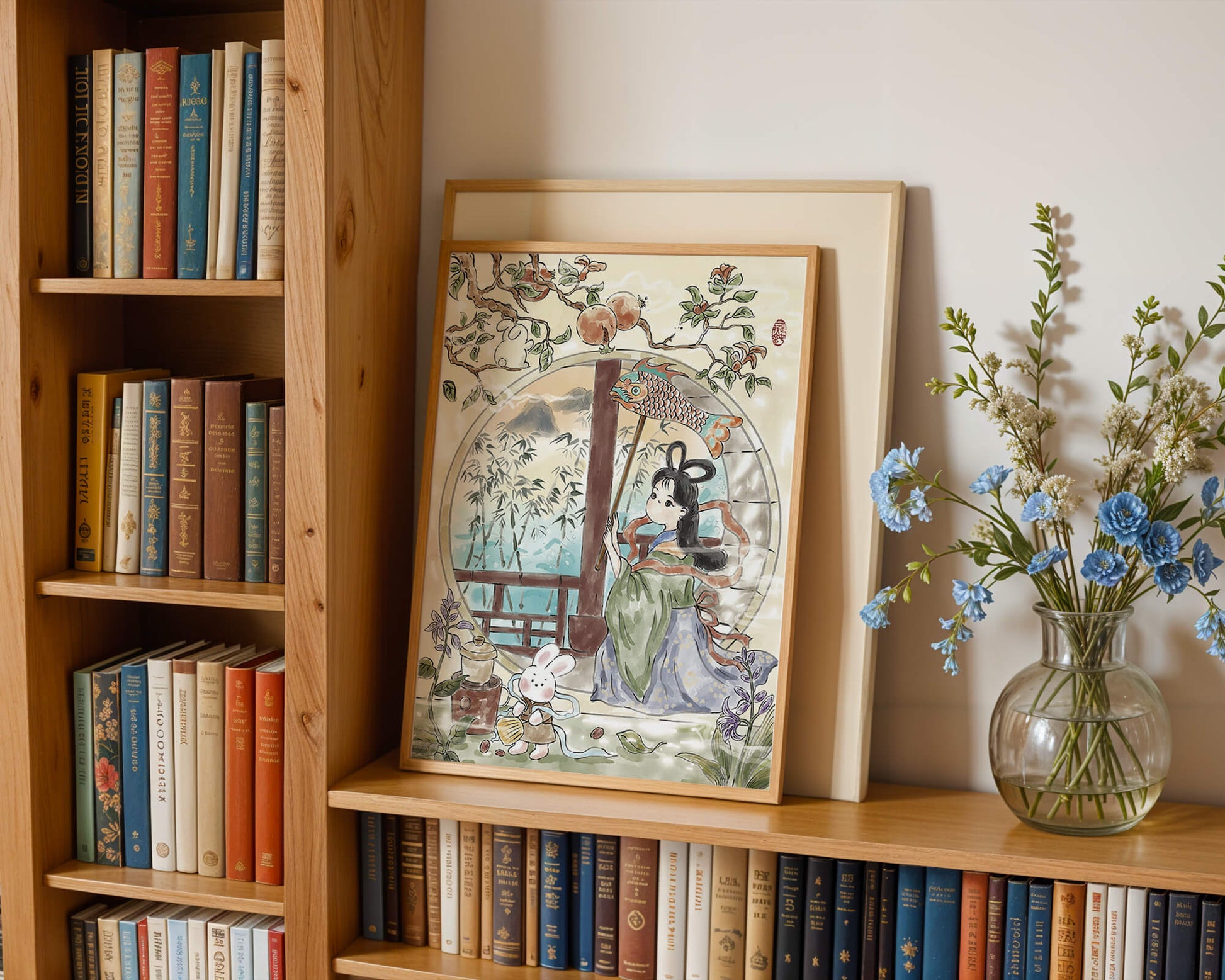 Escena de jardín tranquilo con una niña y un conejo